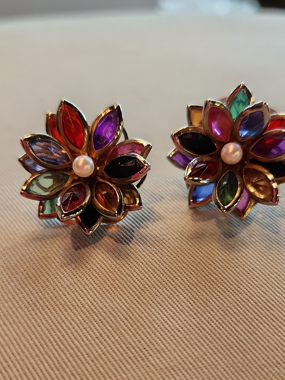 Vintage Bezel Set Rainbow Glass Lotus Flower PostEarrings With Faux Pearl Center